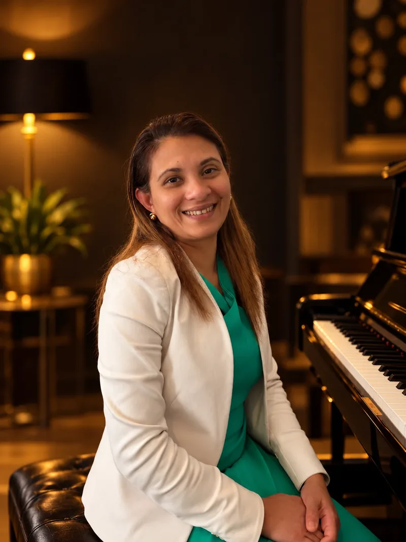 Eresha De Silva smiling, seated beside a grand piano